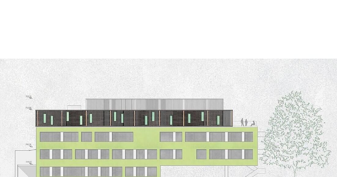 Eine architektonische Darstellung eines grünen Gebäudes mit mehreren Fenstern und einem flachen Dach, auf dem zwei Personen stehen und eine sitzt.