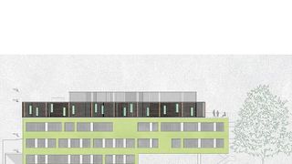 Eine architektonische Darstellung eines grünen Gebäudes mit mehreren Fenstern und einem flachen Dach, auf dem zwei Personen stehen und eine sitzt.