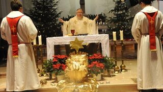 Ein Priester steht hinter einem Altar mit einer Krippenszene. Kerzen und Weihnachtsbäume sind drumherum.