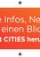 Ein orangefarbener Banner mit weißem Text, der 'Alle Infos, News auf einen Blick. Jetzt CITIES herunterladen.' bewirbt. In den oberen und unteren Ecken des Banners befinden sich zwei Symbole.