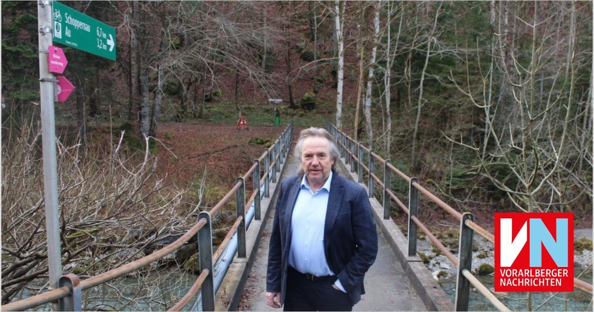Ein Mann in einem Anzug steht auf einer Holzbrücke über einem Fluss, mit einem Wald auf beiden Seiten.