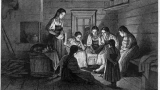 Eine alte Illustration zeigt eine Gruppe von Frauen und Mädchen, die in einem Raum versammelt sind. Eine Katze ruht auf einem Fass. Sie scheinen in ein Gespräch oder eine Geschichte vertieft zu sein.