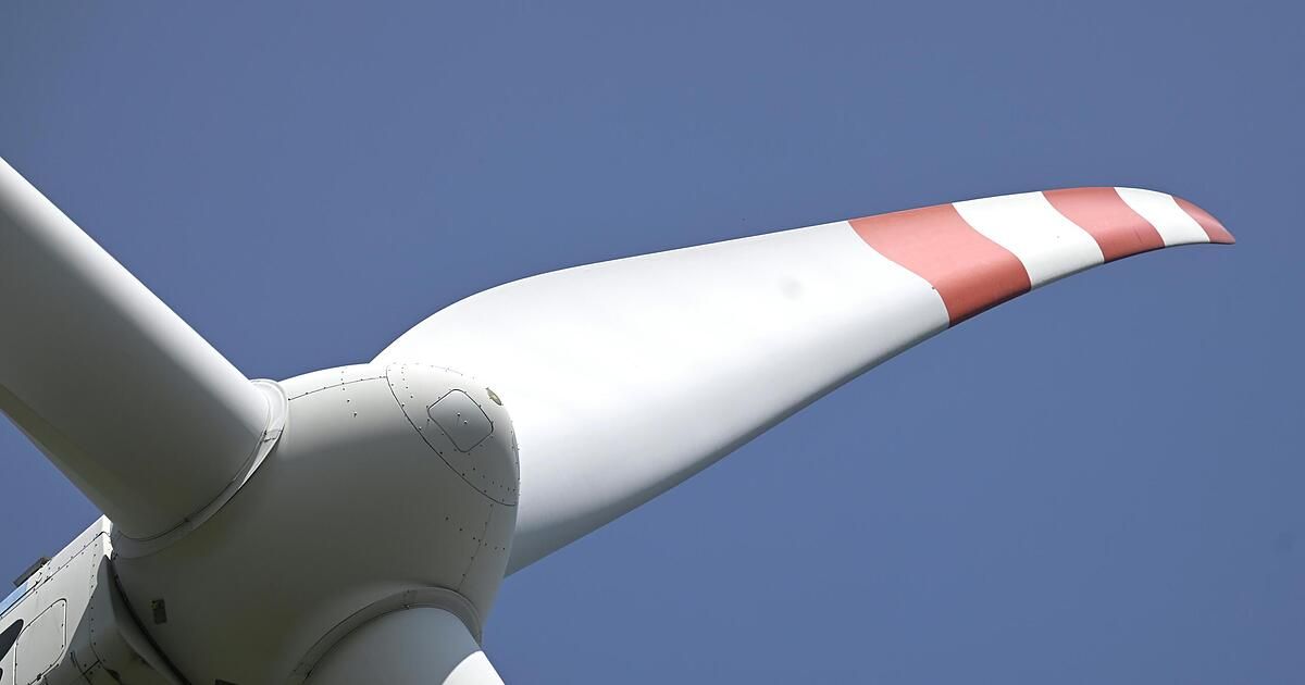 Ein Nahaufnahme einer Windturbinen-Flügelspitze gegen einen klaren blauen Himmel, die ihre weiße und rote Gestaltung zeigt.