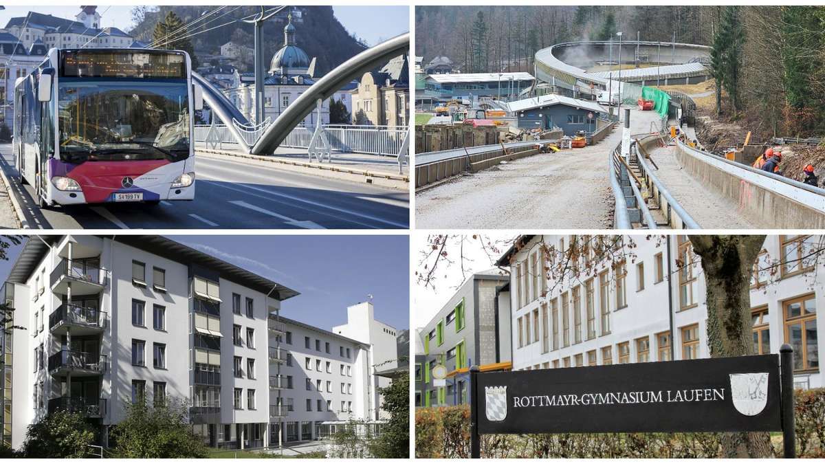 Ein Collage aus vier Bildern, darunter ein Bus, eine Baustelle und zwei Gebäude, eines mit einem Rottmayr-Gymnasium-Schild.