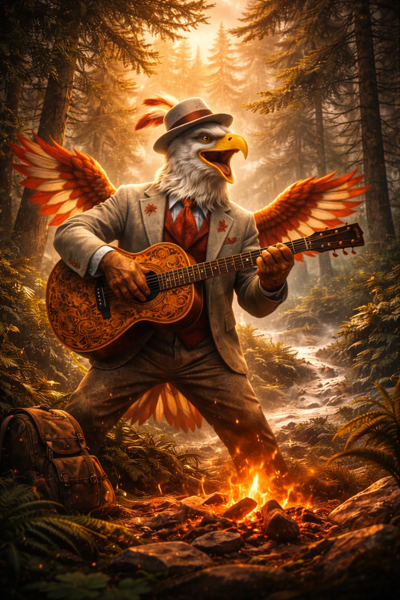 Ein Adler in Anzug und Hut spielt eine Gitarre auf einem Waldweg und steht auf einem Feuer mit einem Rucksack in der Nähe.