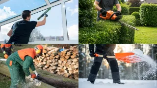 Ein Collage aus vier Bildern: Fensterreinigung, Heckenschneiden, Holzhacken und Schneeschaufeln.