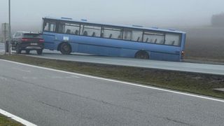 Ein blauer Bus ist auf einer nebligen Straße umgekippt. Der Bus hat mehrere Fenster und Sitze im Inneren und steht an der Straßenseite.