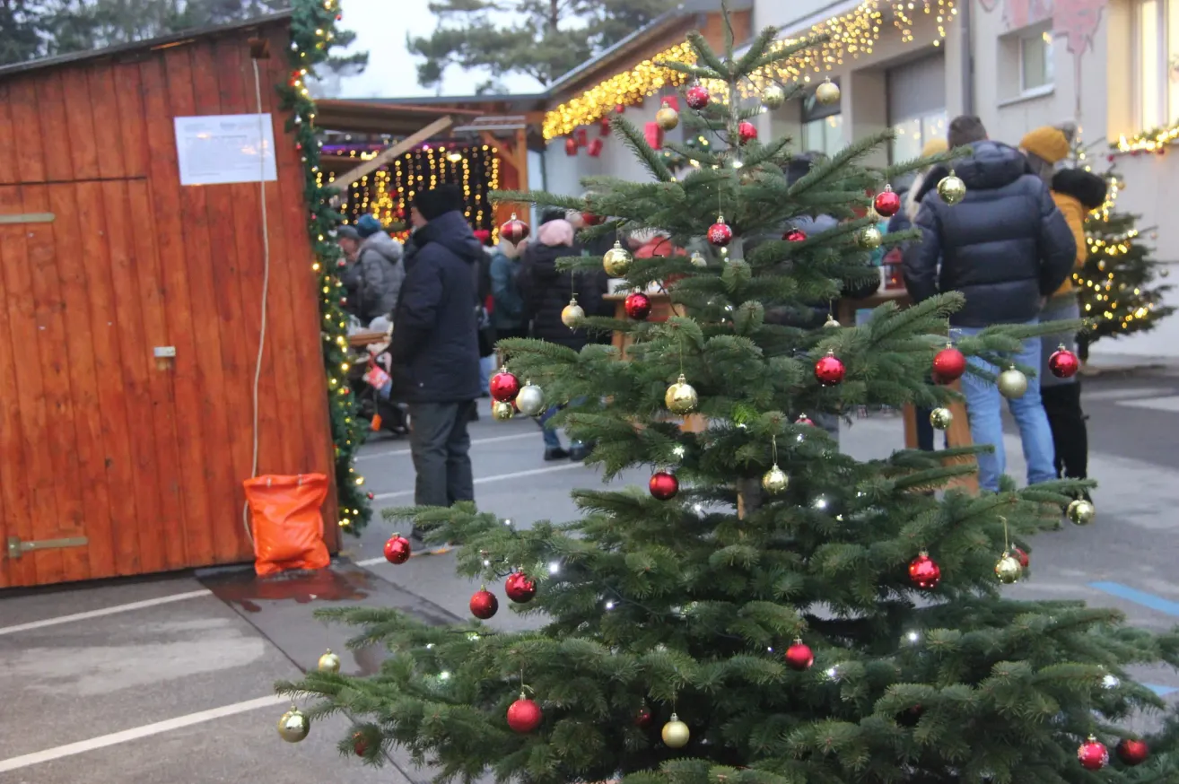 Ein großer geschmückter Weihnachtsbaum steht draußen in der Nähe eines hölzernen Standes mit einer Schlange von wartenden Leuten.