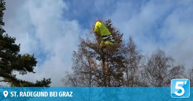 Eine Person in einem gelben Mantel steckt in einem Baum mit einem Drachen darüber in St. Radegund bei Graz.