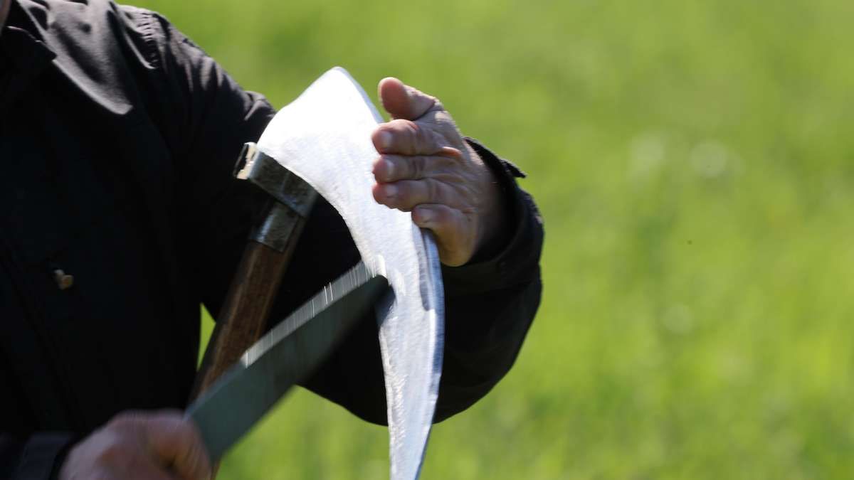 Eine Person hält einen Beil und einen Messer mit Holzgriffen in einem grünen Grasbereich im Freien.