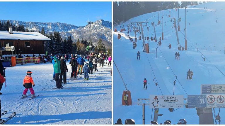 Zwei Bilder eines Skigebiets mit Menschen, die auf den Pisten Ski fahren und in der Schlange für den Lift warten.