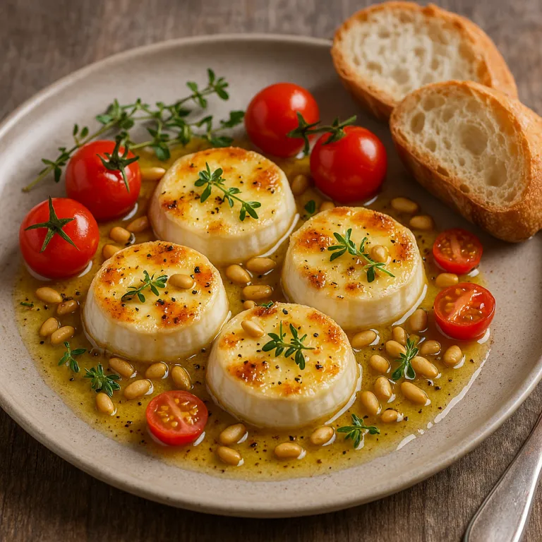 Ein Teller mit vier gegrillten Jakobsmuscheln, umgeben von Kirschtomaten, Pinienkernen und Kräutern. Daneben befindet sich ein Stück Brot.