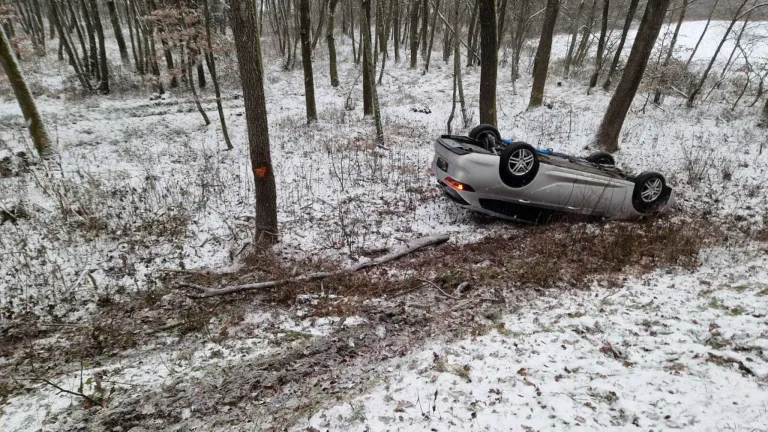Ein Auto liegt auf der Seite in einem verschneiten Waldgebiet, wobei die Front zum Betrachter zeigt. Schnee bedeckt den Boden und Äste.