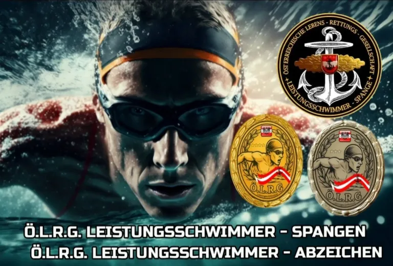 Ein Bild eines Schwimmers unter Wasser mit Textüberlagerung, der 'G. Leistungsschwimmer - SPAN. R.G. Leistungsschwimmer - ABZE' lautet. Eine Medaille mit Logo ist ebenfalls sichtbar.