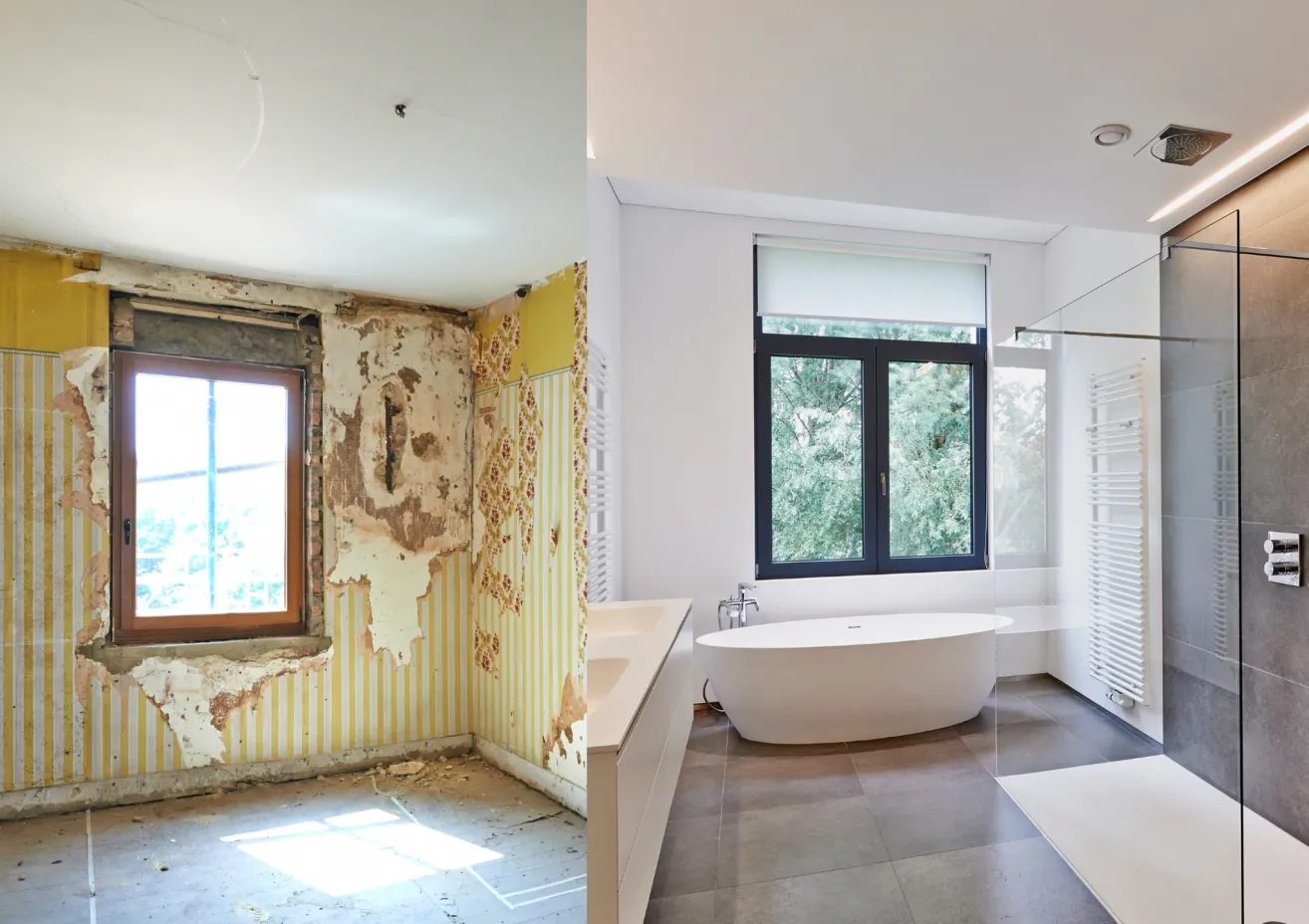 Ein Badezimmer in Renovierung zeigt abblätternde Tapeten und freigelegte Ziegel. Die andere Seite zeigt ein modernes Badezimmer mit weißer Badewanne, Glasdusche und Fenster.