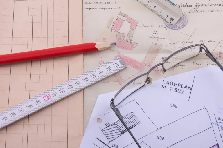 Ein Architekturplan mit Lineal und Bleistift, der Maßangaben und Bezeichnungen von 1900 bis 1999 zeigt. Brille und andere Dokumente sind verstreut.