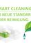 Eine Werbung für smartes Reinigen mit einem grünen Blatt und einem Wassertropfen, betont als neuer Standard in der Reinigung.