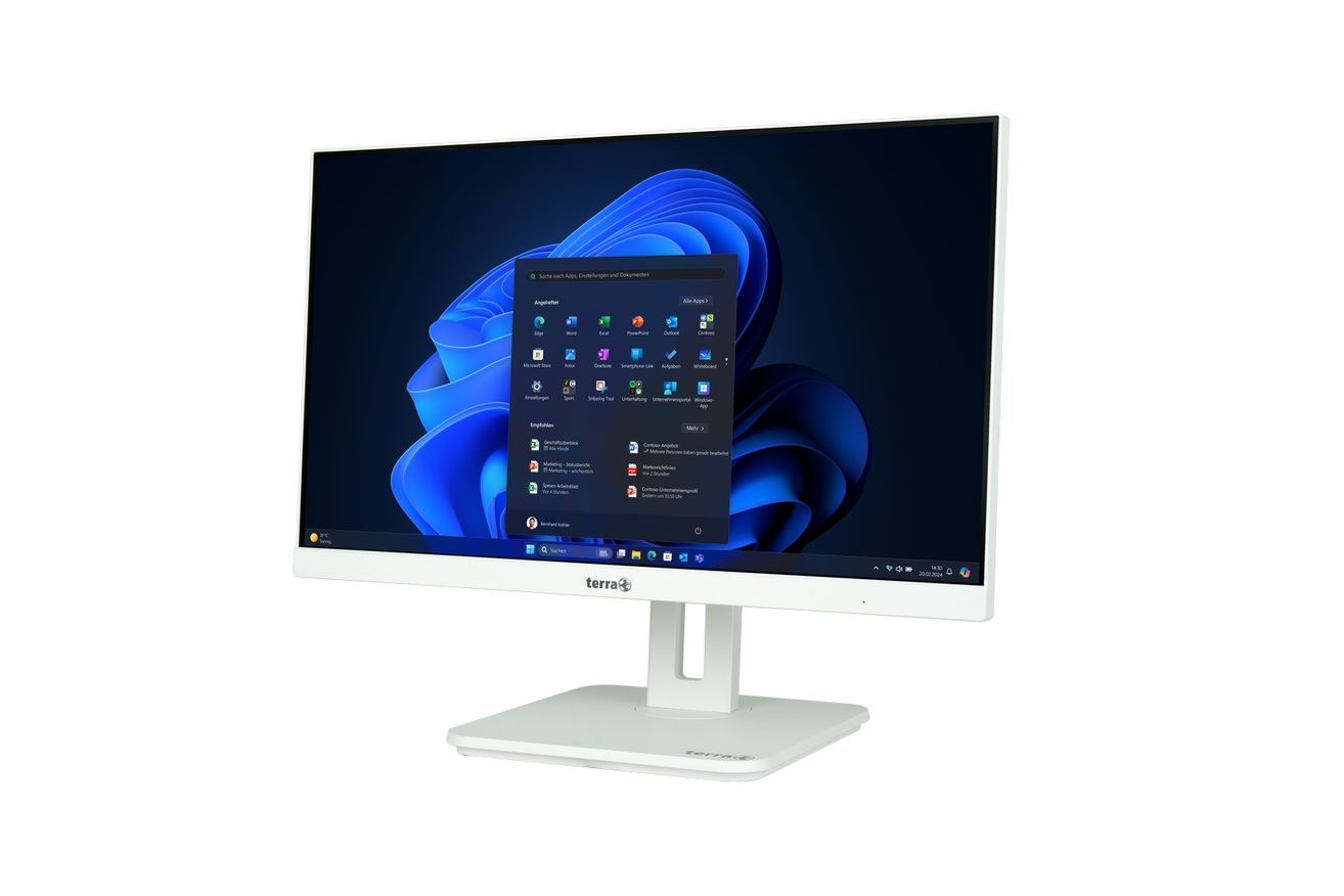 Ein terra Computermonitor mit weißem Rahmen ist eingeschaltet und zeigt das Startmenü. Der Bildschirm zeigt ein blaues Wellenmuster mit Symbolen. Zu den Symbolen gehören Taschenrechner, Einstellungen und mehr.