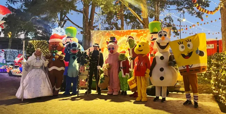 Eine Gruppe von Maskottchen, die als verschiedene Charaktere gekleidet sind, stehen gemeinsam vor einem farbenfrohen Hintergrund, wahrscheinlich für eine Weihnachtsveranstaltung. Bäume mit Lichtern sind im Hintergrund zu sehen.