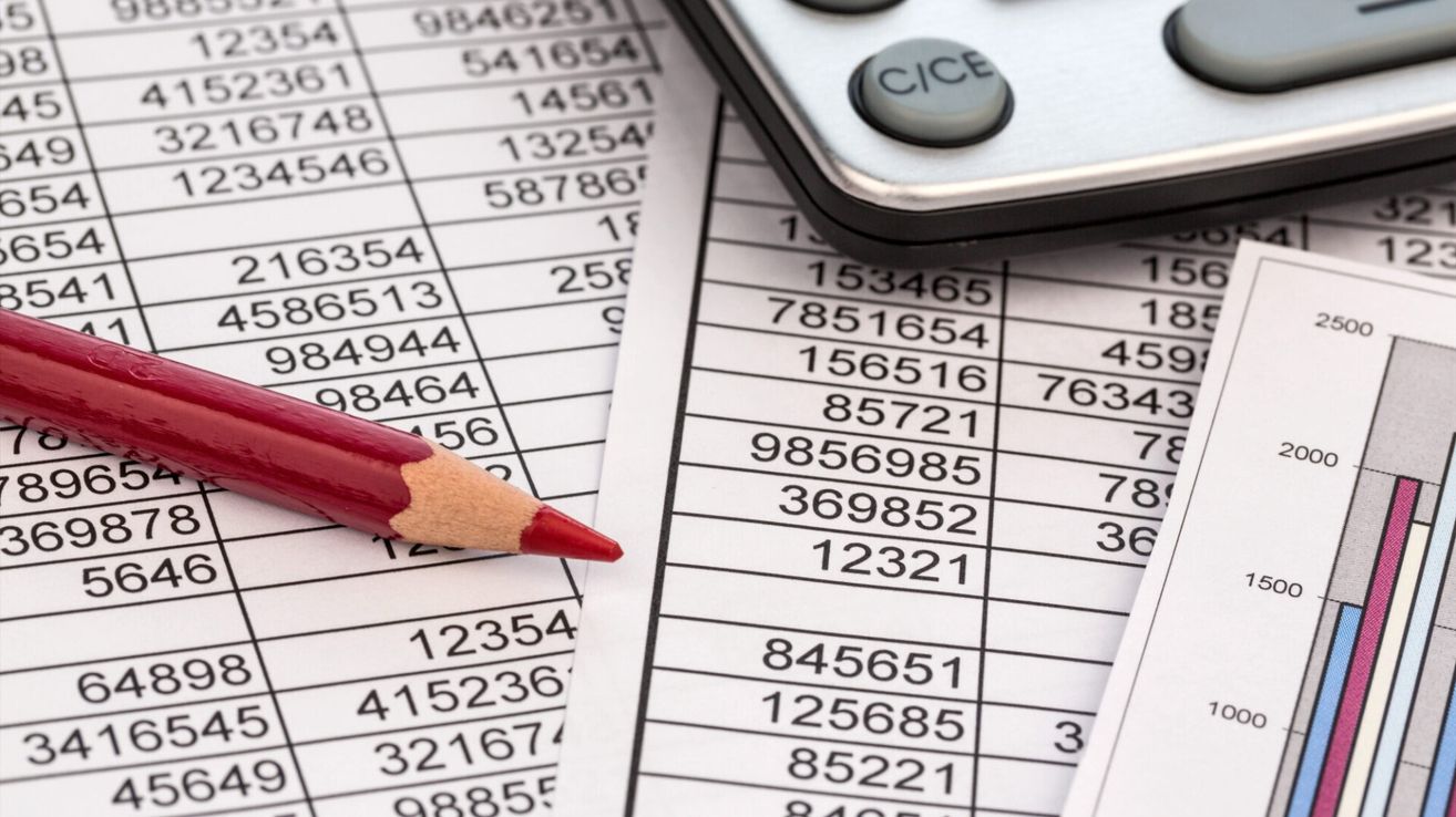 Ein Taschenrechner und ein Bleistift liegen auf einem Dokument mit Finanzzahlen. Der Taschenrechner hat eine Taste mit der Aufschrift C/CE. Die Zahlen auf dem Dokument reichen von 846251 bis 369852.