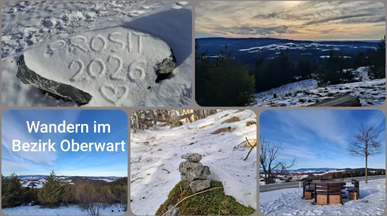 Eine Collage von Winterszenen zeigt einen verschneiten Felsen mit POSIT 0226 23, eine Bergkette, eine verschneite Landschaft und einen blauen Himmel mit einem Schild, das 'n im erwart' steht.