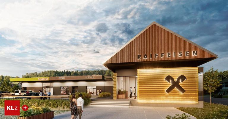 An artist's rendering of a building with the word Raiffeis and an X logo. Several people are walking outside the building. There are also people standing and conversing near the entrance.