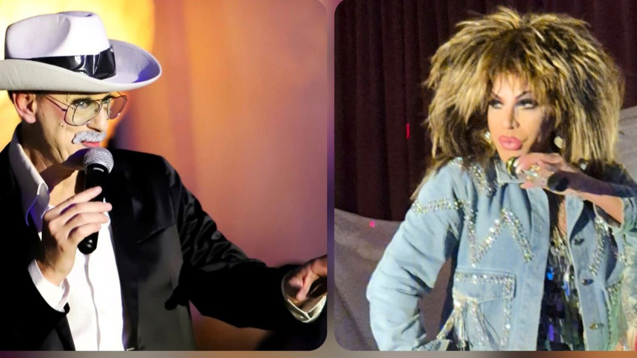 A man in a black suit with a purple hat and a woman in a blue sequined dress are on stage.