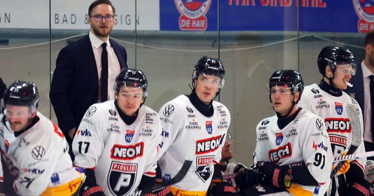Three hockey players in NEON jerseys are sitting on the bench, looking at the camera. One wears number 17, and they all wear helmets. Behind them, a man in a suit looks at them.