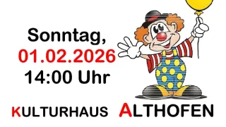 Ein Plakat zeigt einen Clown mit einem gelben Luftballon. Es steht 'Kindermaskenball' in Rot. Das Datum '01.02.2026' und die Zeit '14:00 Uhr' sind angegeben. Die Veranstaltung findet im Kulturhaus Althofen statt, mit 'Animation: Kinderfreunde Karnten & DJ Julia.' Zwei Luftballons sind ebenfalls abgebildet.