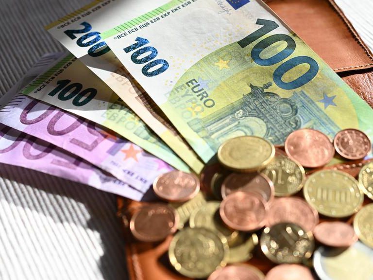 A collection of Euro banknotes and coins, including 100, 50, and 20 Euro bills, displayed on a brown wallet on a white surface.