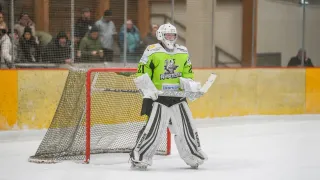 A hockey player in green jersey stands in front of the goal, holding a hockey stick. Spectators watch in the background.