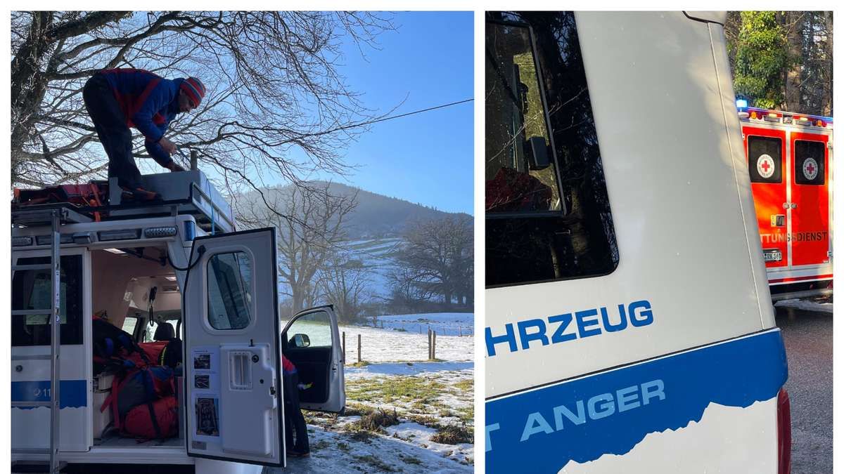 Two images of a vehicle parked in a snowy field. One image shows a person working on the roof of the vehicle, while the other image shows the side of the vehicle with the word 'HRZEUG' on it.