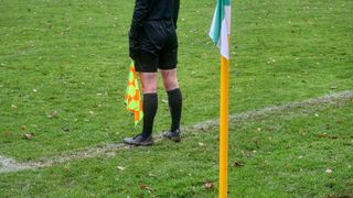 Ein Fußballschiedsrichter steht neben einem gelben Pfosten mit einer grün-weißen Flagge auf einem Rasenfeld mit gefallenen Blättern.