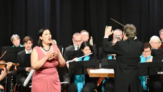 Eine Sängerin in einem rosa Kleid singt, während das Orchester hinter ihr spielt. Der Dirigent dirigiert die Aufführung. Die Orchestermitglieder sitzen vor Notenständern.