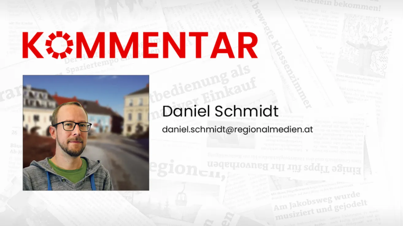 Ein Bild zeigt einen Mann in einer Kapuzenjacke, der auf einer Straße steht, mit Blick auf ein Haus und die Straße. Der Text oben lautet 'COMMENTAR' und darunter steht ein Name, Daniel Schmidt, und eine E-Mail-Adresse.