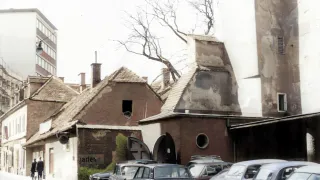 Eine alte Straße mit Oldtimern, die vor historischen Gebäuden geparkt sind, eines mit einem beschädigten Dach und einem Baum, der durch es wächst.