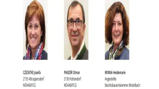Drei Personen werden mit ihren Namen und Adressen dargestellt. Die erste, Josefa Czezatke, wohnt in 2135 Altruppersdorf und ist Mitglied von NOAB/FCG. Die zweite, Otmar Panzer, lebt in 2130 Huttendorf und ist ebenfalls mit NOAB/FCG verbunden. Die dritte, Heidmarie Winna, arbeitet als Angestellte bei der Bezirksbauernkammer Mistelbach und wohnt in 2130 Mistelbach.