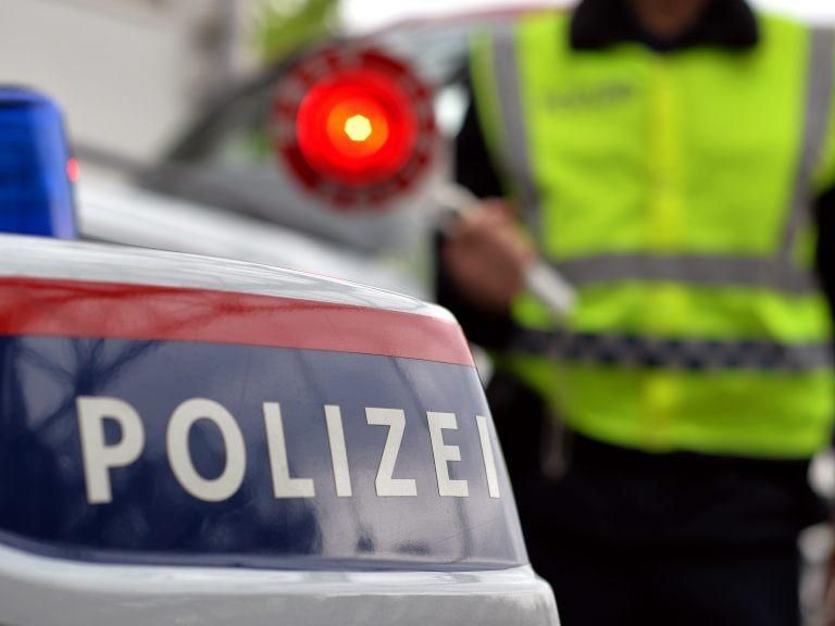 Ein Polizeibeamter in einem gelben Weste steht neben einem Polizeiwagen, das Wort 'POLIZEI' ist auf dem Auto sichtbar.