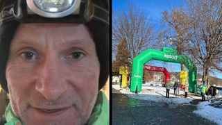 Ein Mann mit einer Stirnlampe auf seinem Hut und einem lächelnden Gesicht. Daneben eine verschneite Straße mit einem grünen Bogen und Menschen, die gehen.