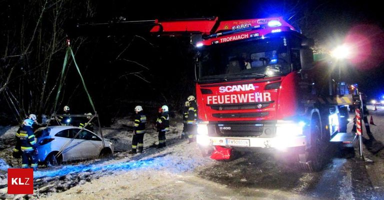 Ein roter Feuerwehrwagen mit 'SCANIA-FEUERWEHR' auf der Front steht in einem verschneiten Bereich mit blauen Lichtern. Vier Feuerwehrleute stehen in der Nähe, einer hält ein Werkzeug. Ein weißes Auto ist links, mit dem Vorderrad im Schnee stecken geblieben.