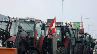 A group of farmers stand near their tractors in a protest, with one waving a flag. They are positioned on a road with road signs in the background.