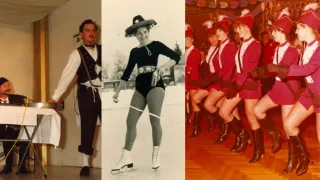 Drei Bilder zeigen einen Mann in einem Cowboyhut, eine Frau beim Eislaufen und eine Gruppe von Frauen, die in roten Uniformen tanzen.