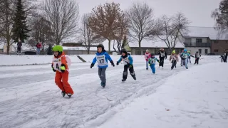Kinder in Winterkleidung nehmen an einem Schneerennen teil. Ein Kind trägt einen grünen Helm und die Nummer 4, ein anderes trägt die Nummer 17. Bäume ohne Blätter und eine verschneite Landschaft sind im Hintergrund zu sehen.