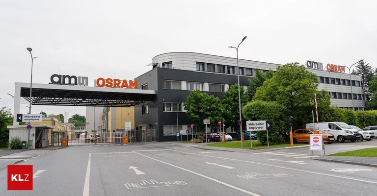 An exterior view of the OSRAM facility features a large building with several windows. The entrance has a canopy with the company's name. There are trees and streetlights along the road.