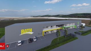 An architectural rendering of a modern building with the word Bath in yellow letters. The building has a large parking lot with three cars parked in it. In front of the building, there is a green and yellow awning. There are also trees and grass in front of the building.
