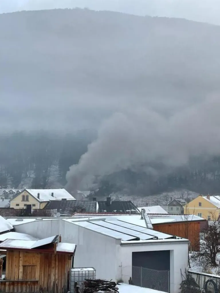 Eine schneebedeckte Stadt mit Rauch, der aus einem Schornstein aufsteigt an einem bewölkten Tag. Häuser sind sichtbar, einige mit Solarpanelen. Bäume und Berge sind im Hintergrund.