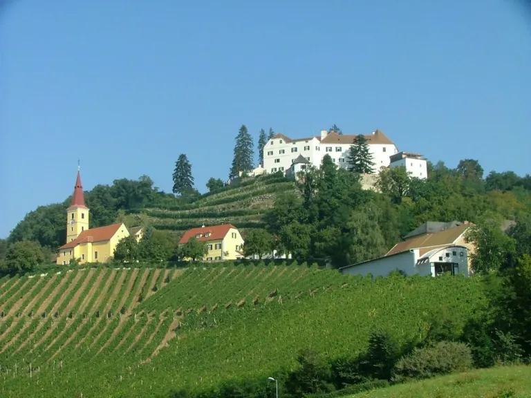 Ein Hügel mit terrassierten Weinbergen, einer gelben Kirche und einem großen weißen Herrenhaus unter einem blauen Himmel.