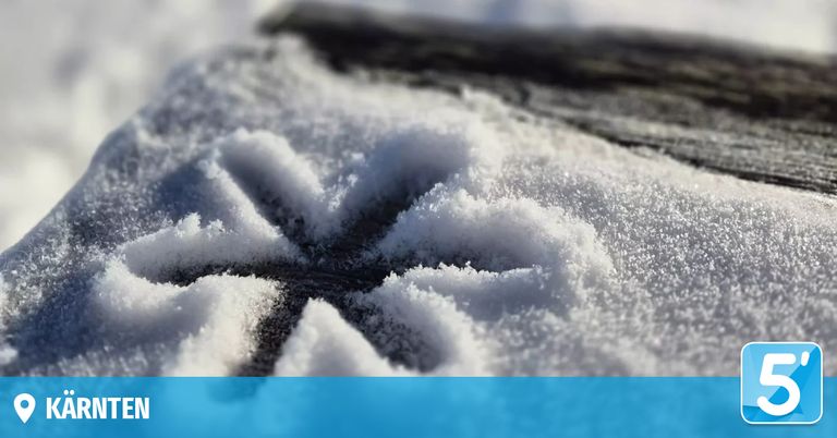 Eine Nahaufnahme eines sternförmigen Musters aus Schnee auf einer dunklen Oberfläche, mit einer blauen Linie am unteren Rand.