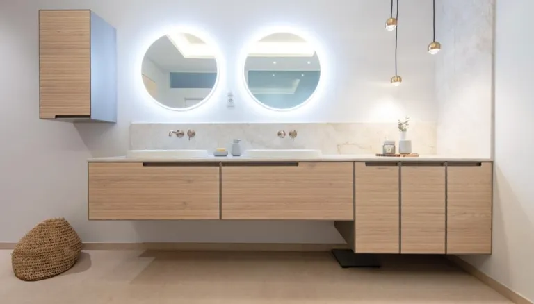 Ein modernes Badezimmer mit einer Doppelwaschtischplatte, zwei runden Spiegeln über den Waschbecken, Holzschränken und Marmorarbeitsplatten. Der Waschtisch hat zwei Waschbecken mit Armaturen und dekorativen Gegenständen oben.