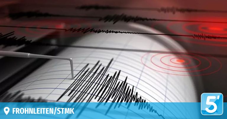 Ein Seismographenpapier zeigt die seismischen Wellen eines Erdbebens mit roten Kreisen, die das Epizentrum anzeigen, und die Quelle ist als TEN/STMK markiert.